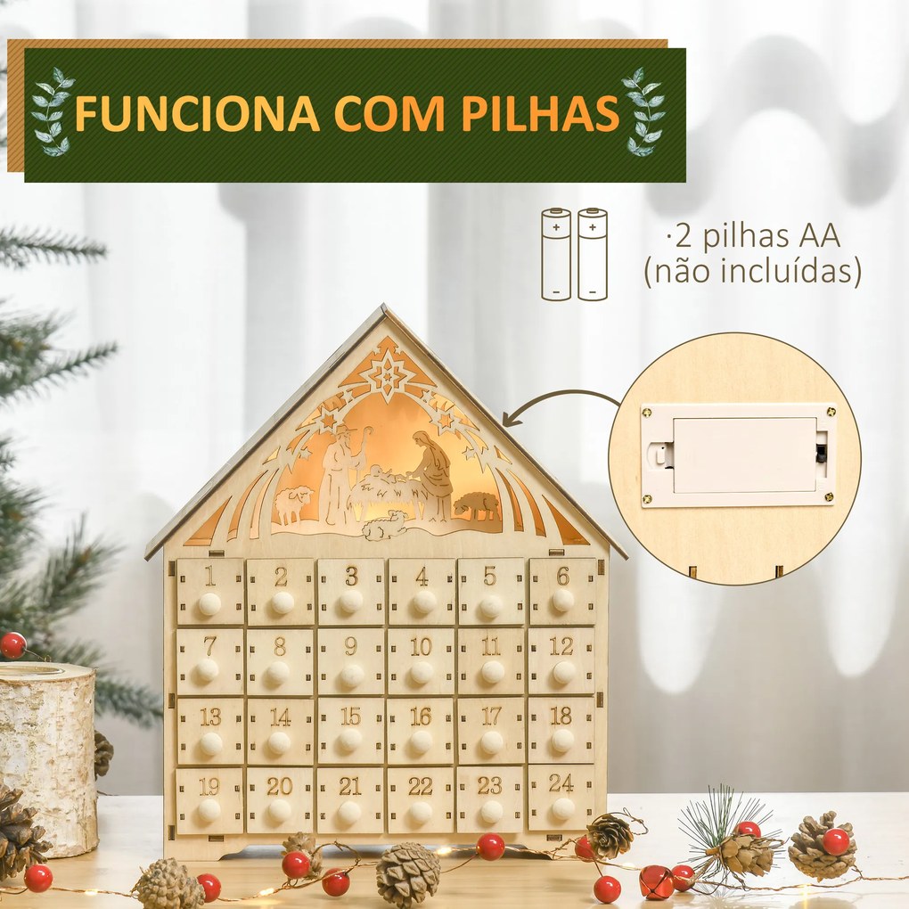 HOMCOM Calendário de Advento de Madeira com Luzes Calendário de Advento com 24 Caixas de Contagem Regressiva Decoração de Natal 26,6x6x30 cm Madeira