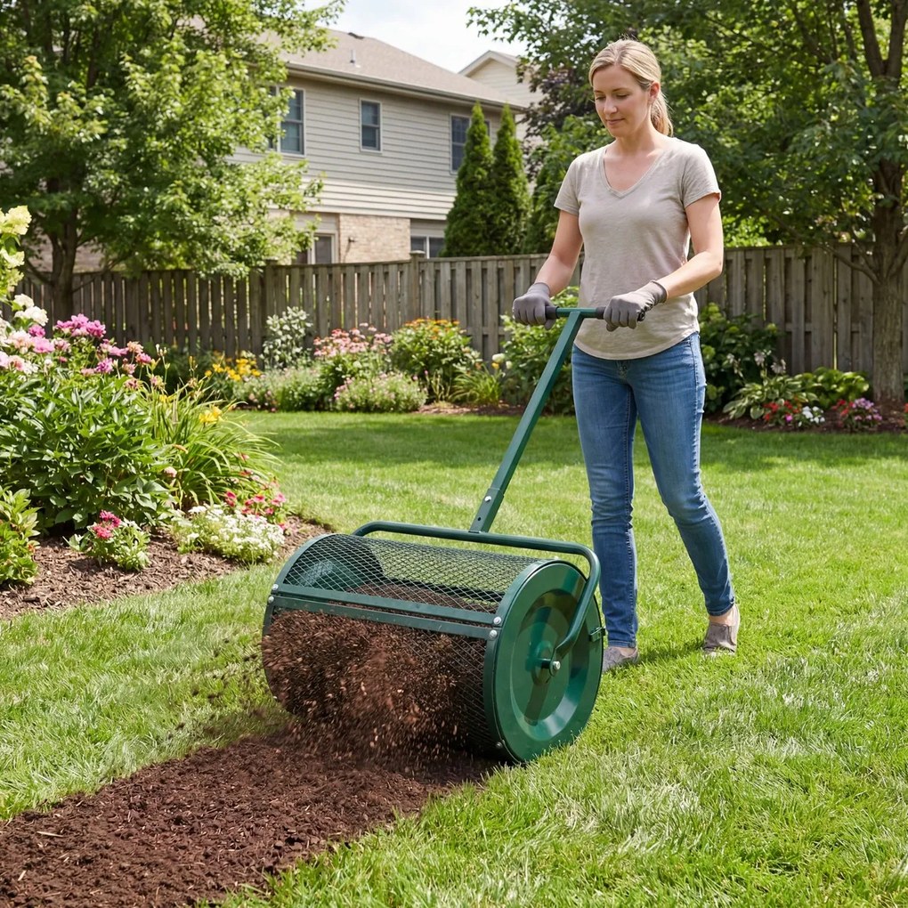 Espalhador de composto para Jardim de 31 cm com rolo para turfa e cabo em T ajustável em altura, com cesto de malha metálica para jardim ou relvado, V