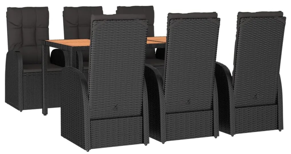 7 pcs conjunto de jantar p/ jardim c/ almofadões vime PE preto