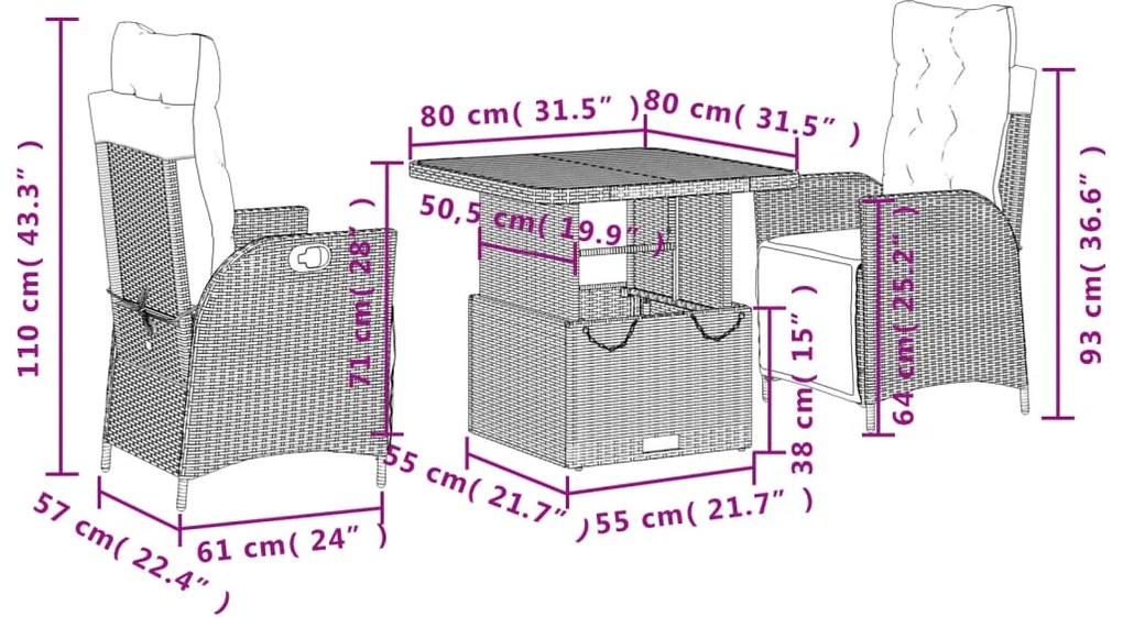 3 pcs conjunto de jantar p/ jardim com almofadões vime PE bege