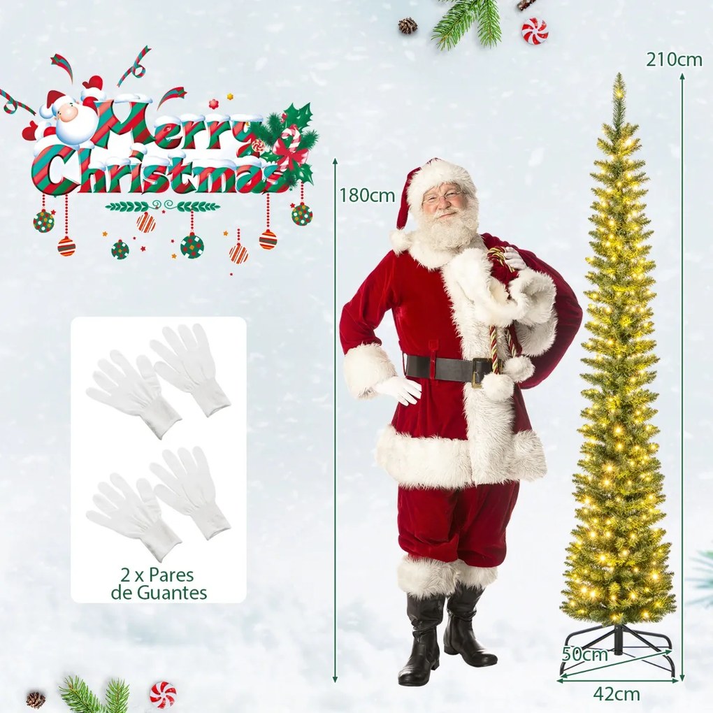 Árvore de Natal artificial pré-iluminada de 210 cm com 200 luzes LED brancas quentes em forma de lápis Verde