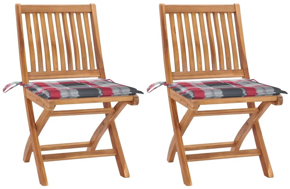 vidaXL Cadeiras jardim c/ almofadões xadrez vermelho 2 pcs teca maciça