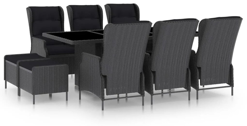 vidaXL 9 pcs conj. jantar exterior c/ almofadões vime PE cinza-escuro