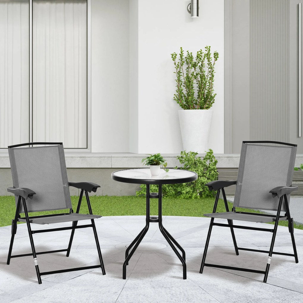 Conjunto de jardim de 3 peças: 2 cadeiras reclináveis com várias posições, dobráveis, mesa redonda em vidro temperado e metal, com revestimento em tex