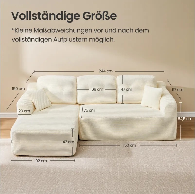 Sofá de canto sem Montagem modular 150 x 244 x 73 cm com chaise longue branco creme