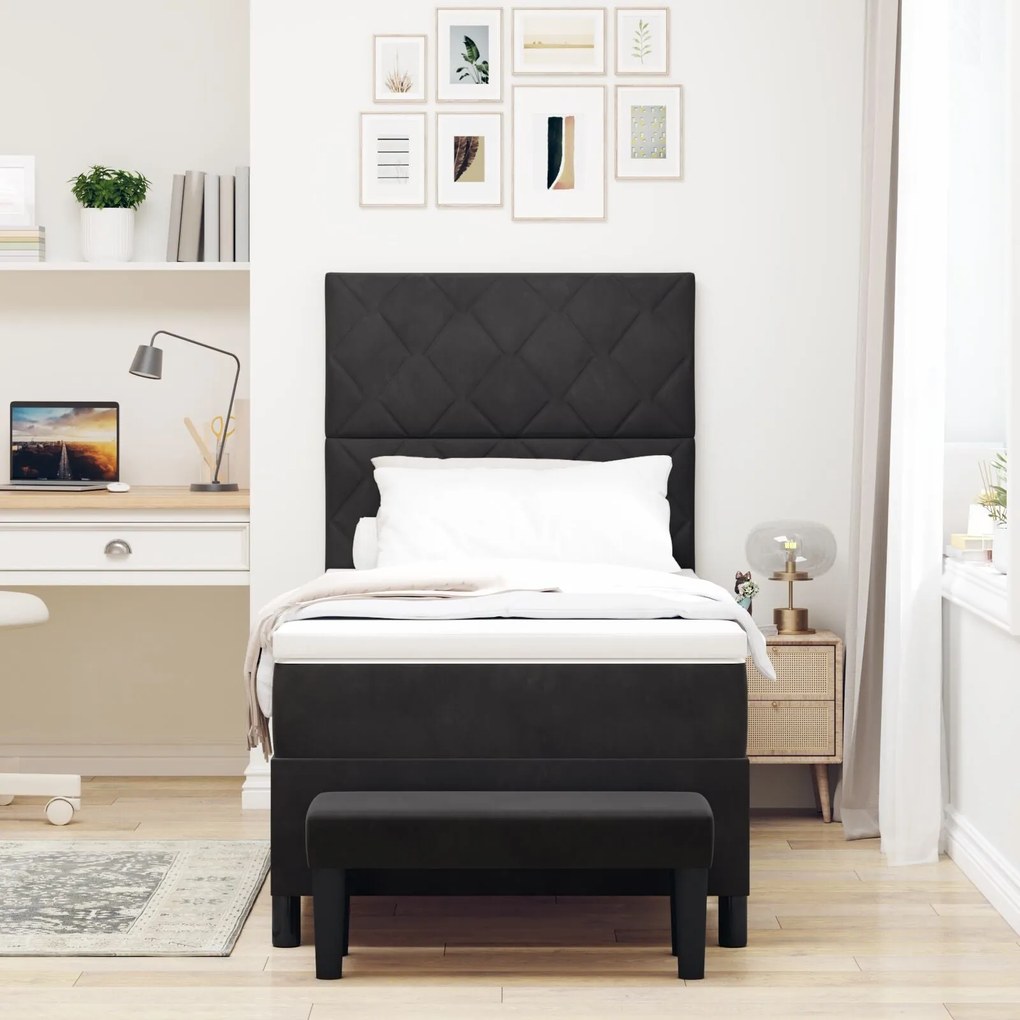 Cama Box Spring com Colchão e Banco Preto 90x190 cm Veludo