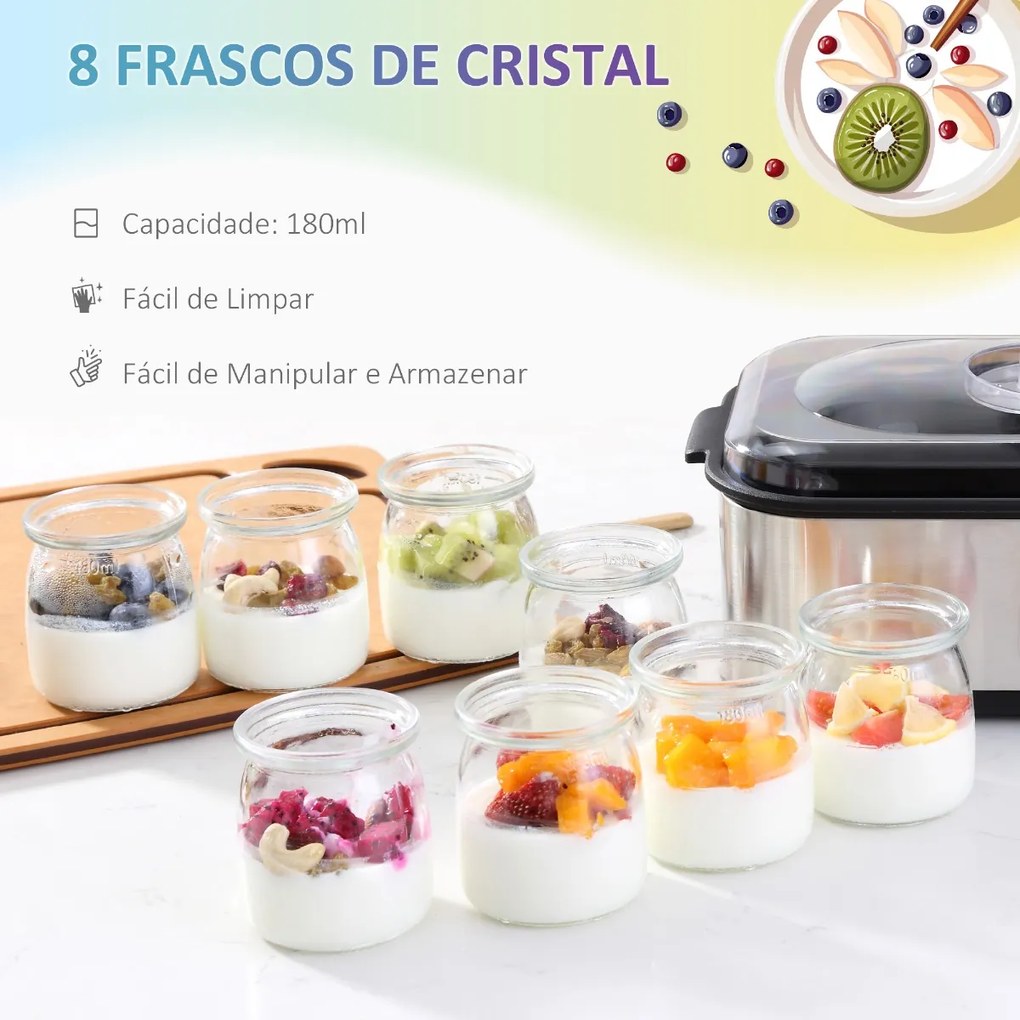 Iogurteira 30W Volume 1,44L com 8 Frascos de Cristal de 180ml Termostato Ajustável Temporizador de 1-48 Horas e Desligado Automático 36x18,8x14cm Prat