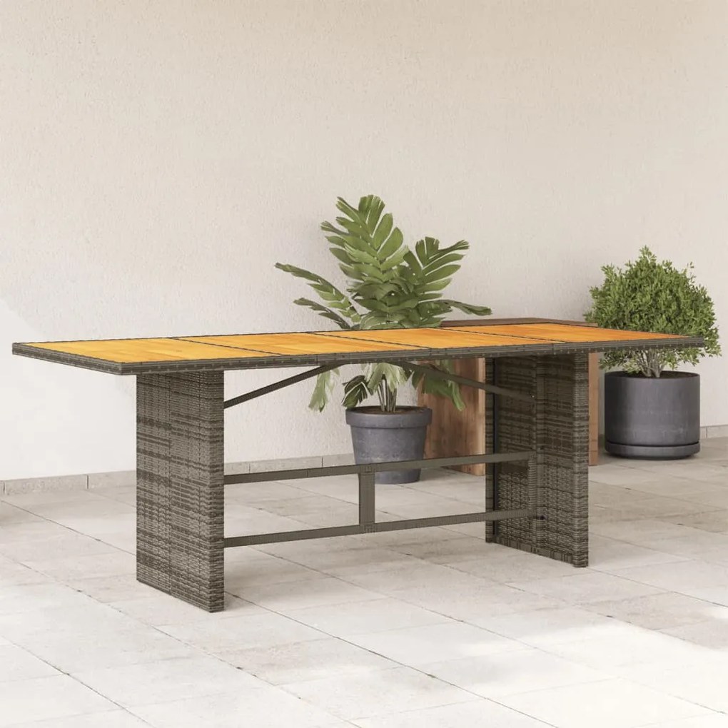 Mesa de jardim com tampo em acácia 190x80x75 cm vime PE cinza