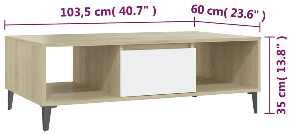 Mesa de centro 103,5x60x35cm contraplac. branco/carvalho sonoma