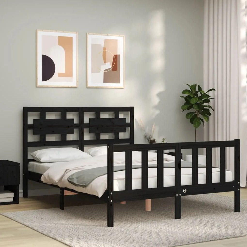 Estrutura de cama de casal c/ cabeceira madeira maciça preto