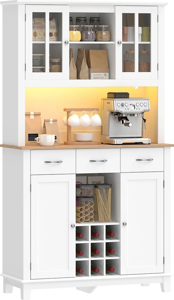 Armário de Cozinha com Iluminação LED Controlo por APP Suporte para Garrafas Portas de Vidro e 3 Gavetas 100x39,5x180 cm Branco