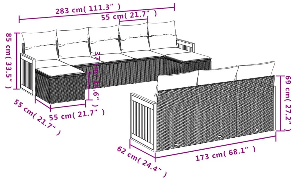 10 pcs conjunto de sofás p/ jardim com almofadões vime PE bege