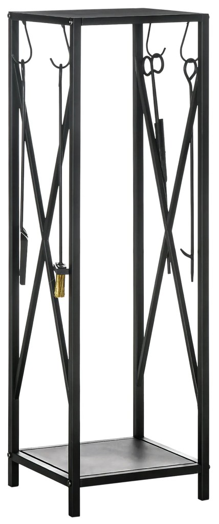 Outsunny Suporte Lenha Estante Exterior Lenheiro Ganchos Pá Escova Atiçador Tenaz Carga 60 kg 34x34x111 cm Preto Resistente | Aosom Portugal