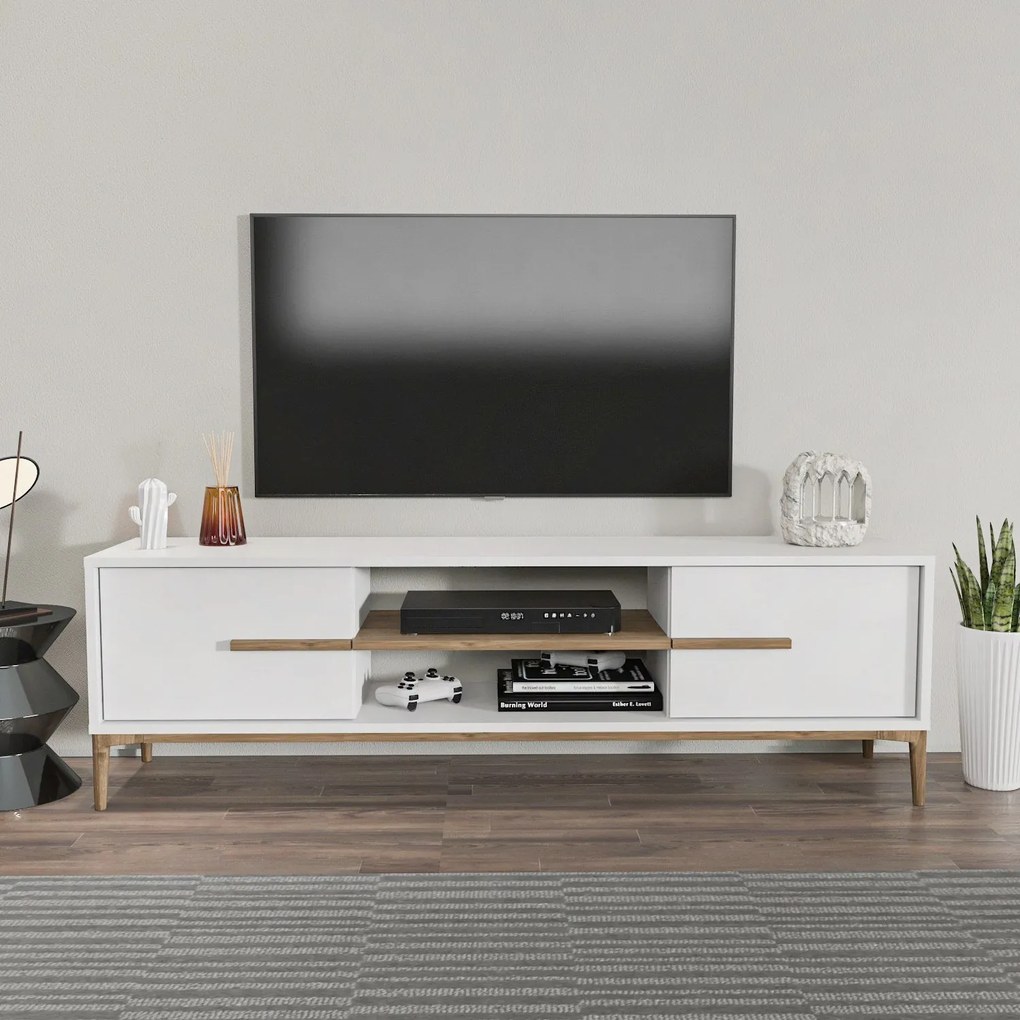 Móvel TV Eslem – Branco e Nogueira – 120 cm x 43,6 cm x 29,6 cm