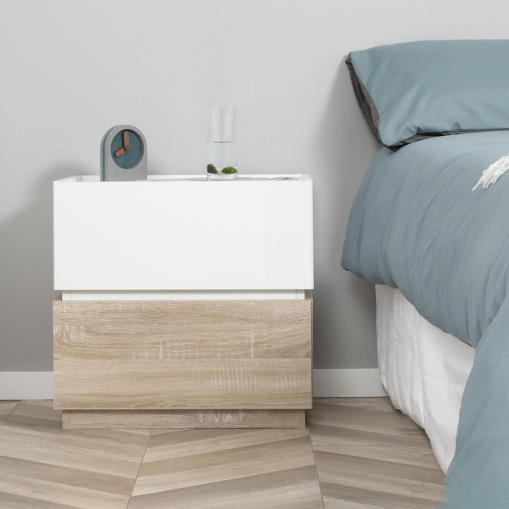 Mesa de cabeceira empilhável com 2 gavetas 50 x 40 x 47,5 cm branco e natural