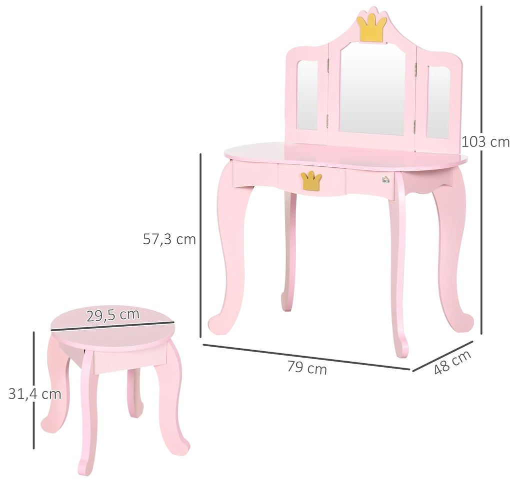 Toucador Infantil de Madeira com Banco e Espelho Dobrável Mesa de Maquilhagem para Crianças de 3-6 Anos com Gaveta Estilo Princesa 79x48x103cm Rosa