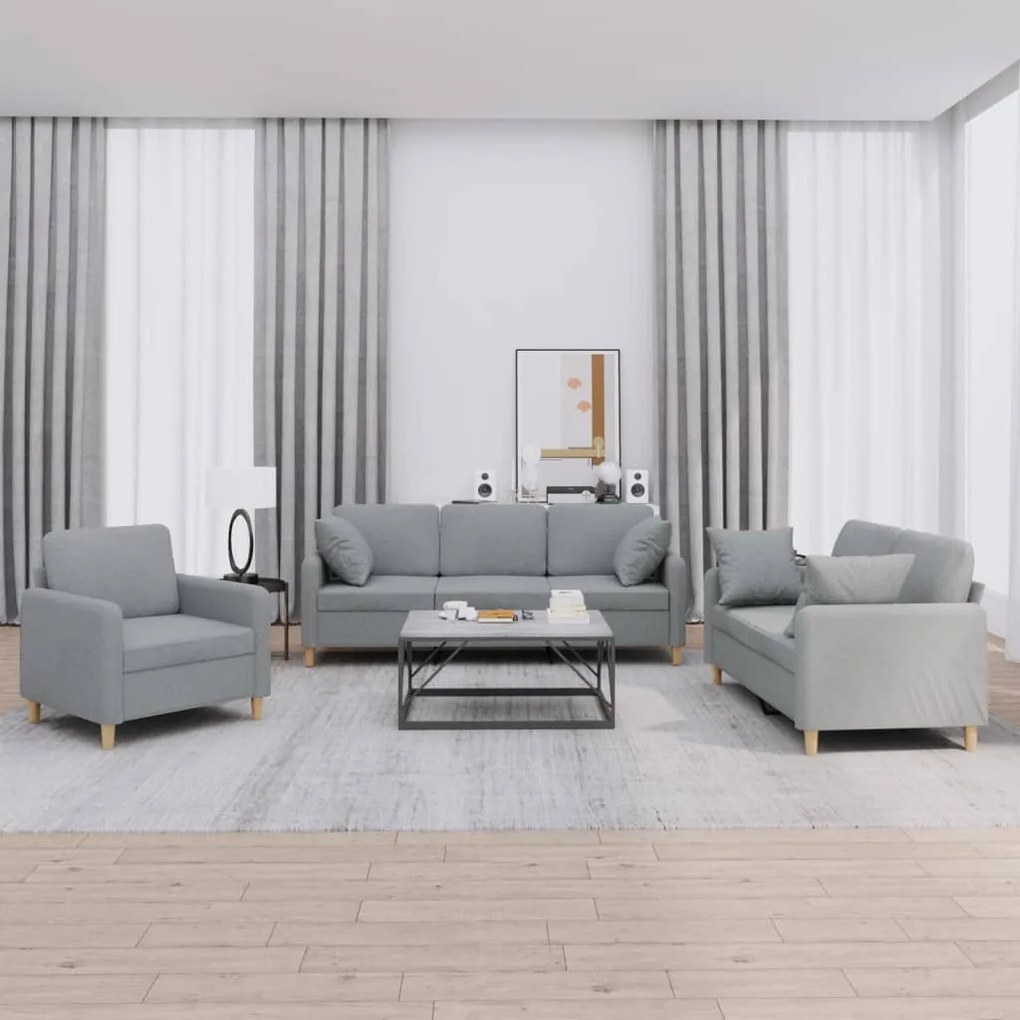 3202070 vidaXL 3 pcs conjunto de sofás com almofadas tecido cinzento-claro