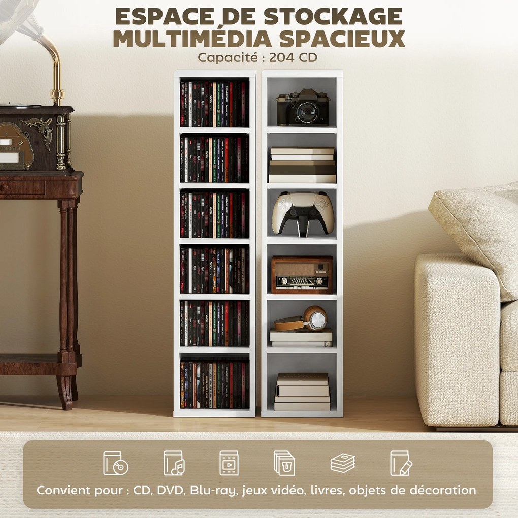 Conjunto de 2 prateleiras verticais para arrumação de CDs e DVDs, com 12 compartimentos, 21 x 22,5 x 88,5 cm, capacidade para 204 CDs, branco