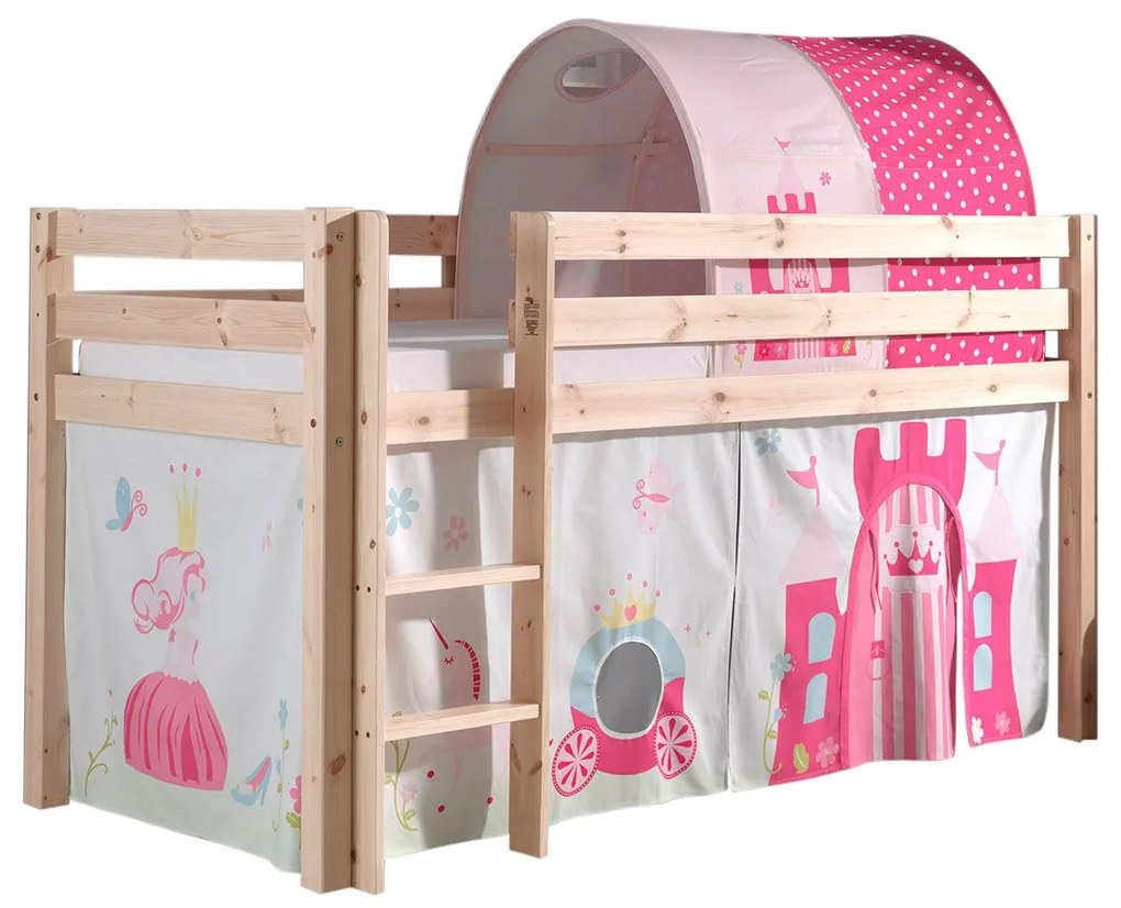 Conjunto Cama alta de Criança PINO 90 x 200 cm + estrado + escada + cortina + túnel Princesa Natural
