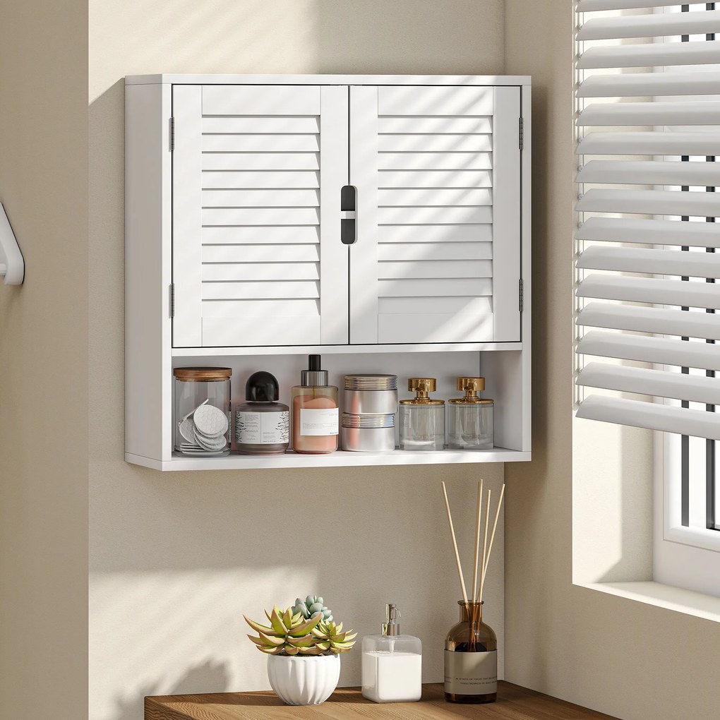Armário de Parede de Casa de Banho com Porta de Ripas, 60 x 20 x 60 cm, Prateleira Ajustável, Branco