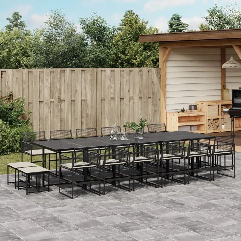 17 pcs conjunto de jantar p/ jardim c/ almofadões vime PE preto