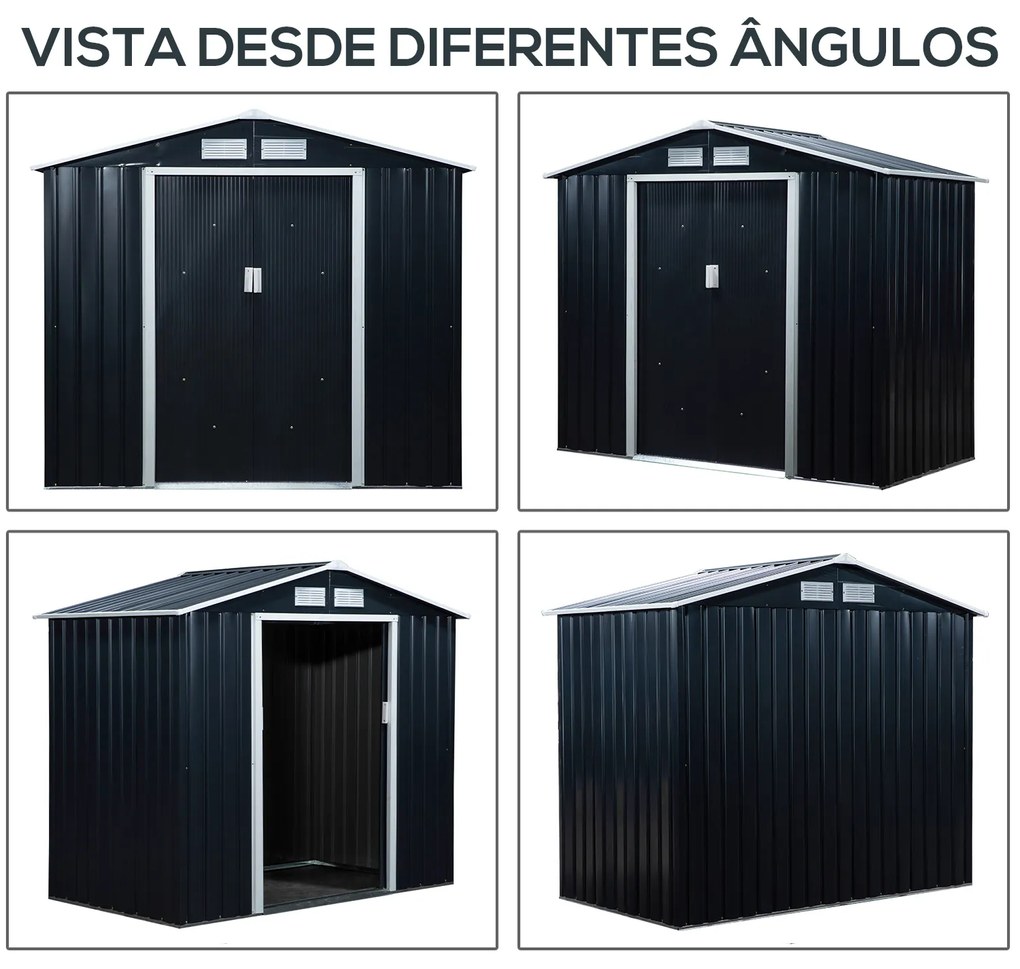 Abrigo de Jardim 213x130x185cm Abrigo de Jardim Metálico de Exterior com 2 Portas Deslizantes e 4 Janelas Cinza Escuro