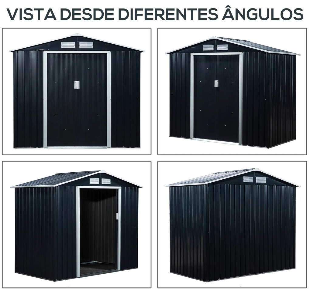 Abrigo de Jardim 213x130x185cm Abrigo de Jardim Metálico de Exterior para Armazenamento de Ferramentas com 2 Portas Deslizantes e 4 Janelas para Terra