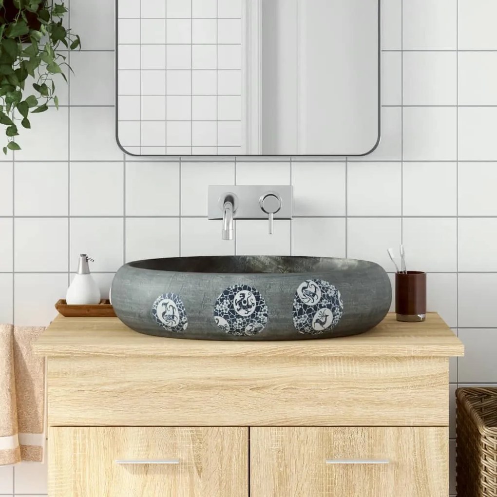 vidaXL Lavatório de bancada oval 59x40x15 cm cerâmica cinzento