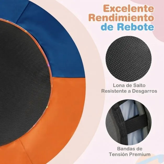 Mini-trampolim para crianças de 90 cm com luzes, dobrável, com barra de espuma e capa de segurança acolchoada multicolorida 1