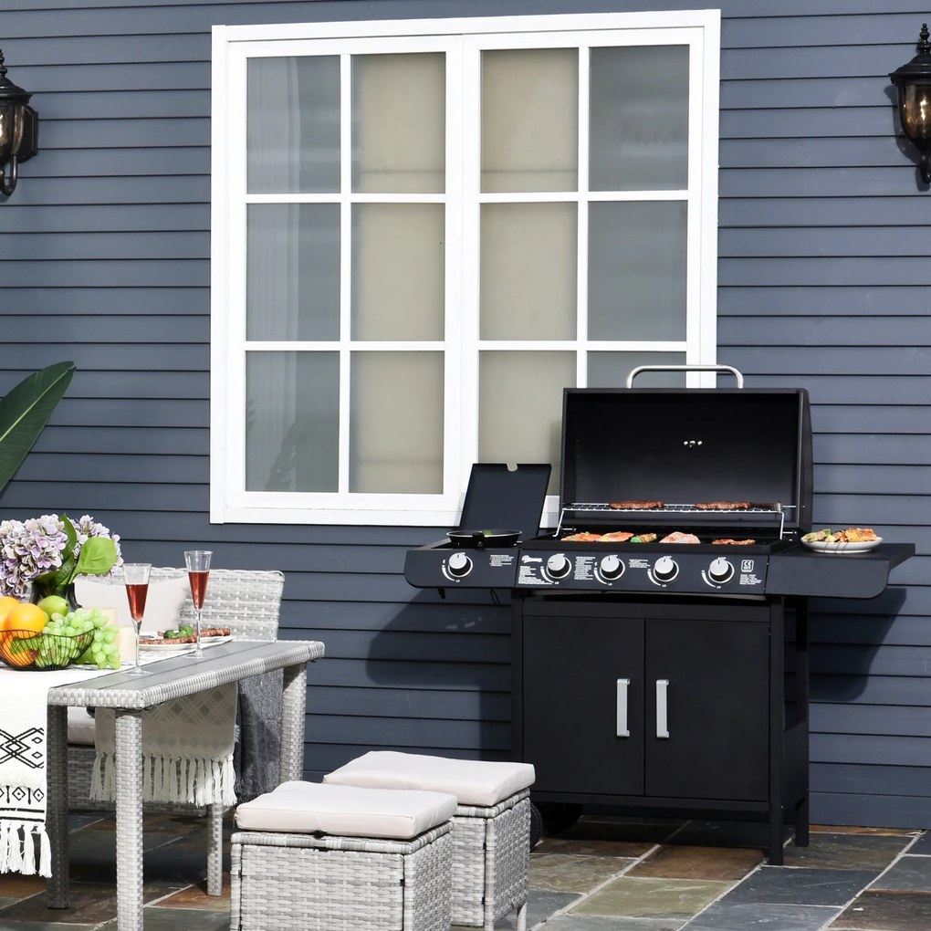 Outsunny Barbecue a Gás com 4+1 Queimadores 14,4KW Mesas Laterais Armário de Armazenamento Termômetro e 2 Rodas Aço Inoxidável 125x51x100cm Preto