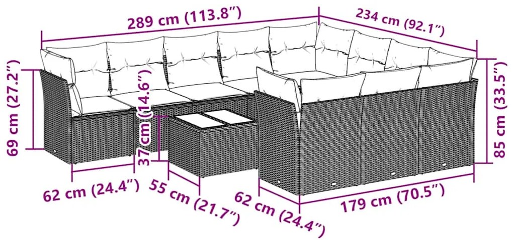 11 pcs conjunto sofás de jardim c/ almofadões vime PE cinzento