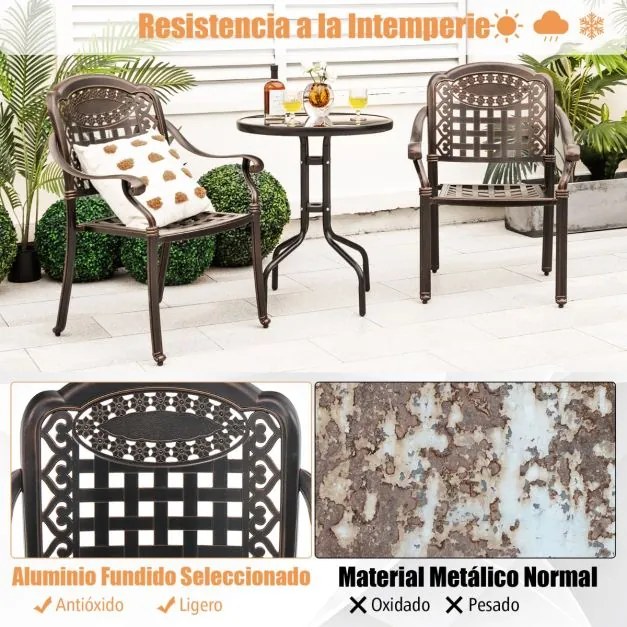 Conjunto jardim de 2 cadeiras empilháveis em alumínio fundido com braços e mesa auxiliar redonda para exterior (jardim, terraço), cor bronze