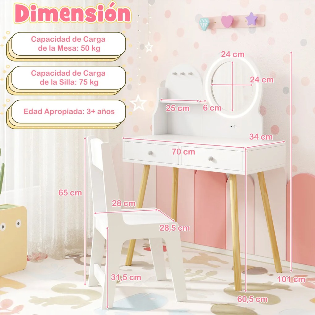 Conjunto de Toucador Infantil com Espelho Iluminado Conjunto de Mesa e Cadeira de Princesa com Espelho e Luzes Ganchos e Gavetas Branco