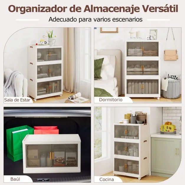 Caixas de armazenamento 213 L com tampa 3 Caixas empilháveis com rodas e portas Organizador dobrável para quarto Branco + Castanho