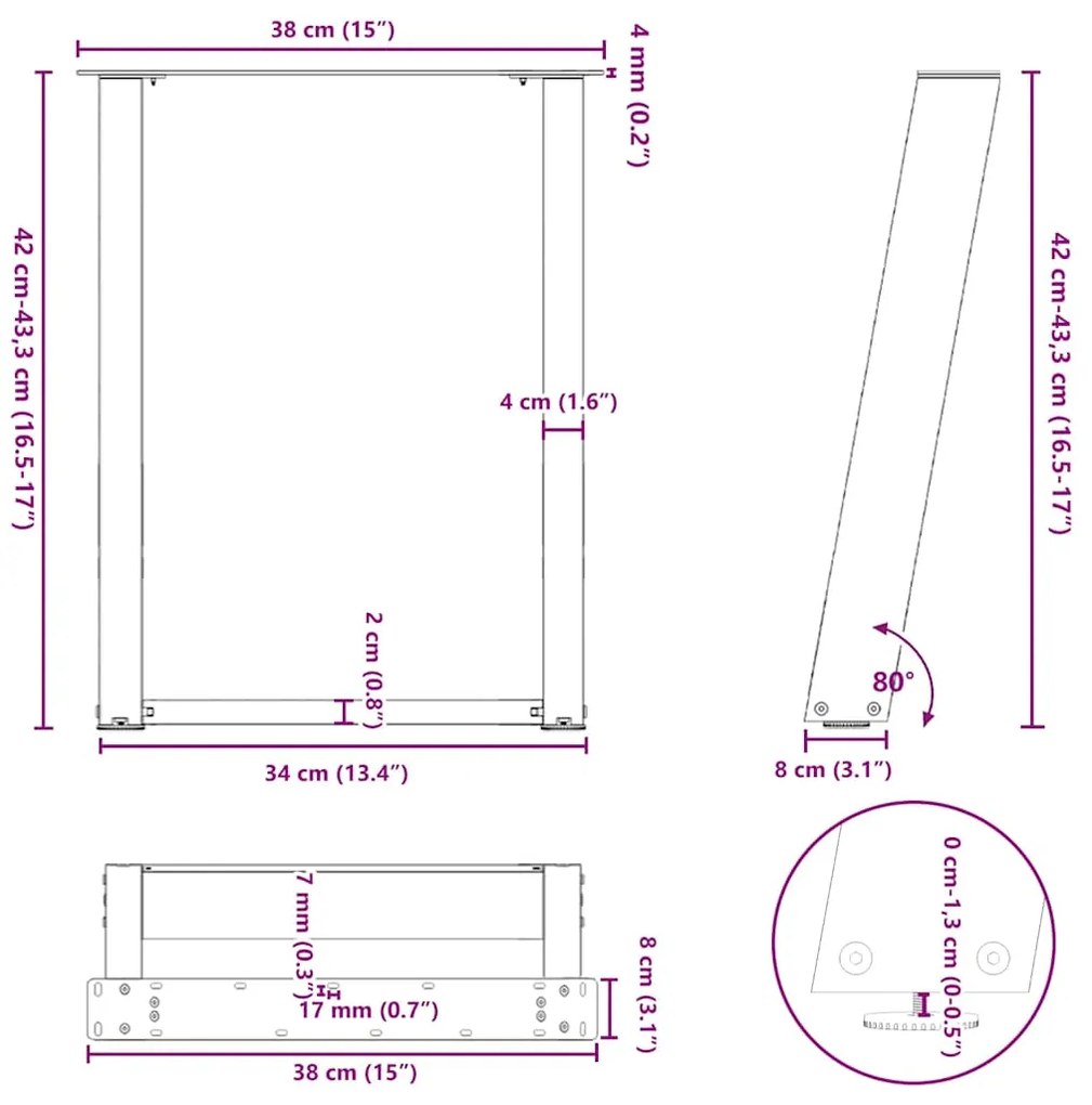 Pés para mesa de centro em formato de U, 2 peças, preto, 38x(42-43) cm