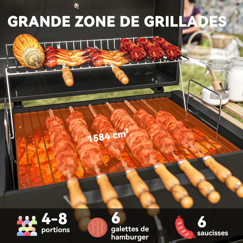 Grelhador a carvão com altura ajustável, incluindo grelha, tampa, termómetro, prateleiras, rodas e abridor de garrafas, na cor preta