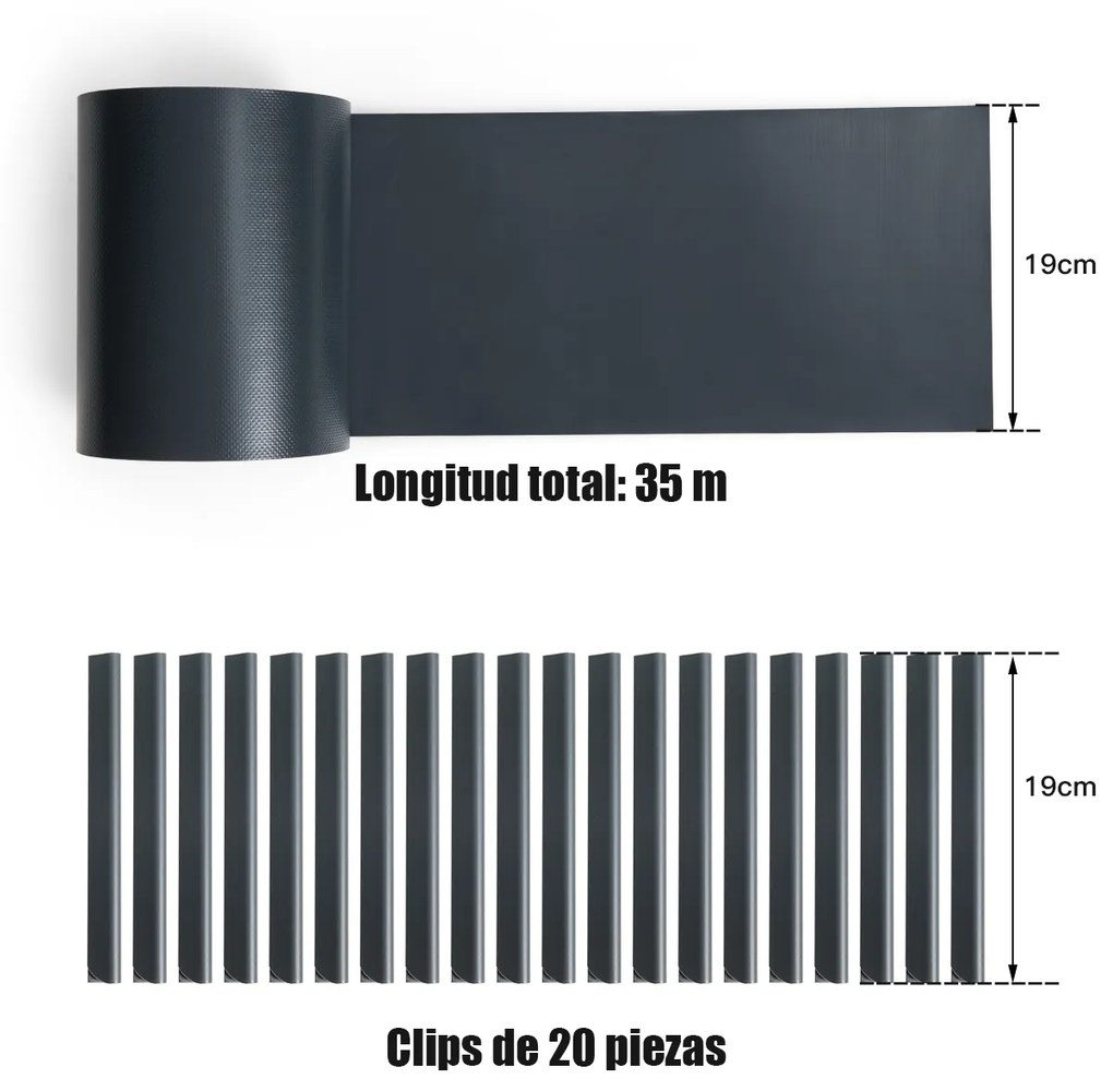 4,65 kg Revestimento da cerca em PVC 35 m x 19 cm com 20 clipes para Ruído, Vento e Protecção da Privacidade Cinzento Escuro