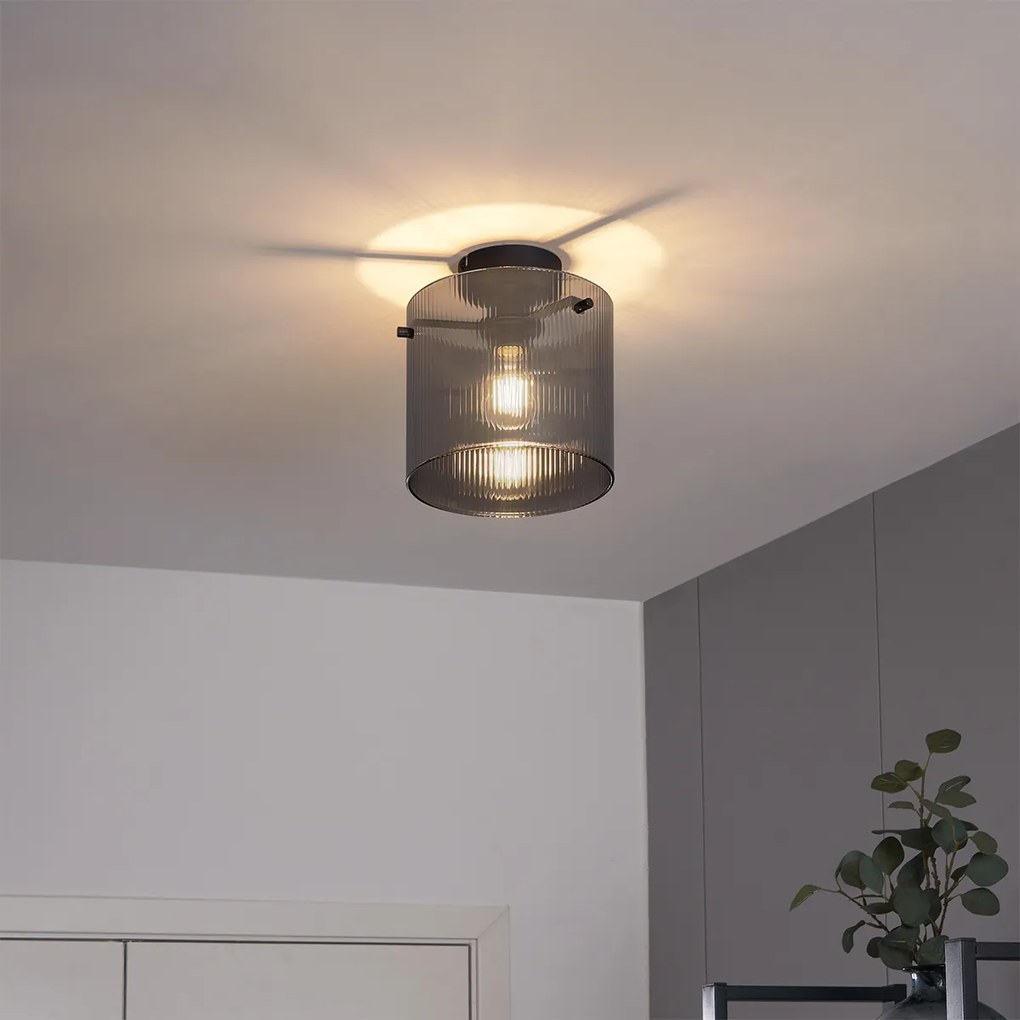 Candeeiro de Teto Art Déco Preto com Vidro Fumê - Laura