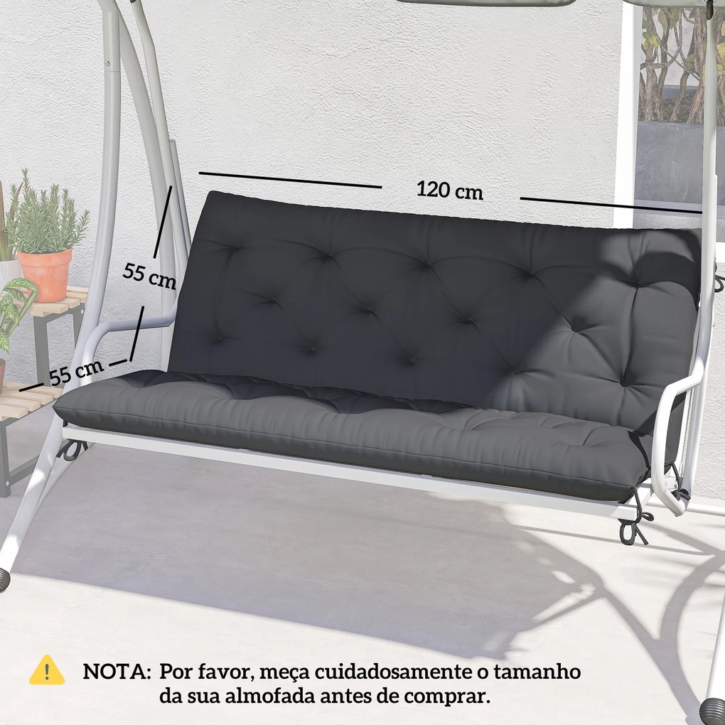 Almofada para Banco de Jardim ou para Baloiço de Jardim (NÃO INCLUIDOS) 120x110x12 cm de 2 Lugares com 6 Cordões de Fixação Preto