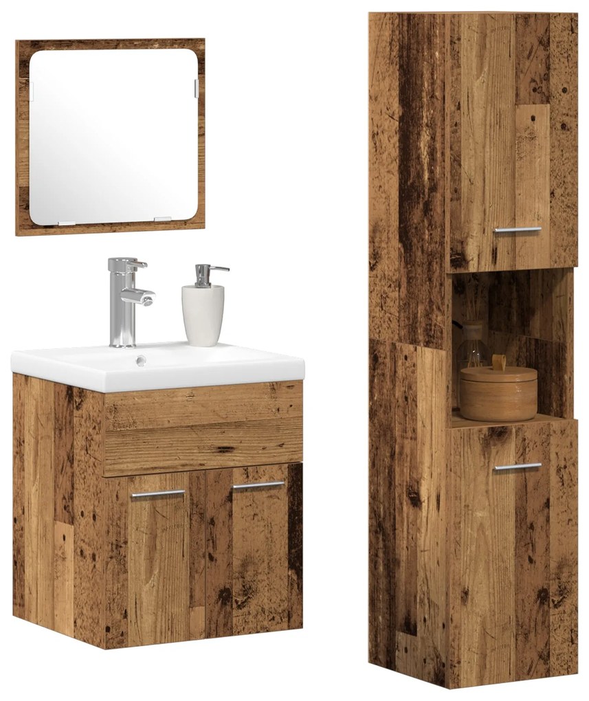 Conjunto de Móveis para Banheiro - Madeira Velha em Madeira Engineered