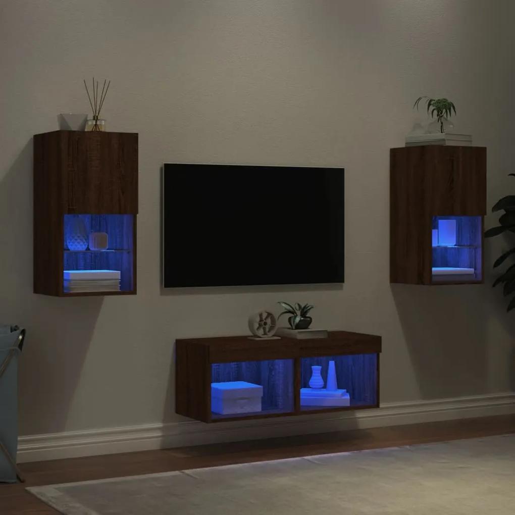 4 pcs móveis de parede para TV com luzes LED carvalho castanho