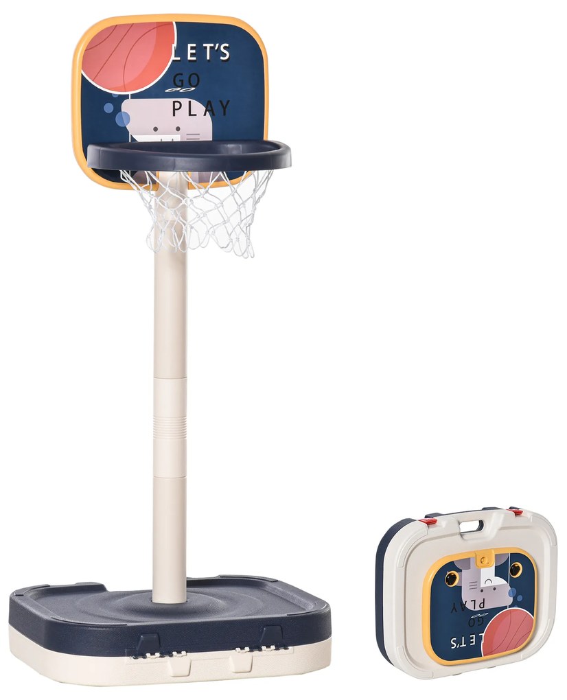 HOMCOM Tabela de Basquetebol Infantil 2 em 1 Tabela de Basquetebol Portátil com Jogo de Lançamento de Anéis e Altura Ajustável 96-110cm Acessórios Incluidos 58,5x56x137cm Azul e Branco