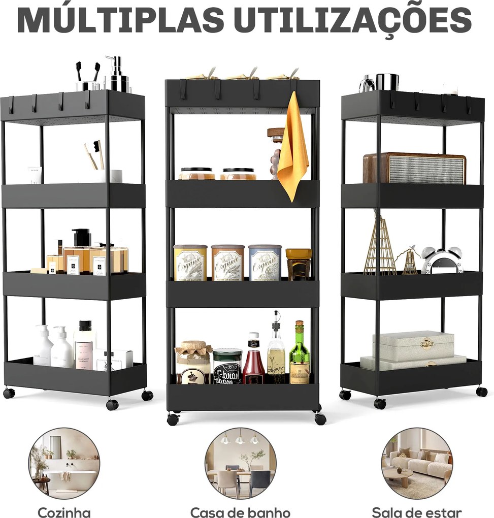 Carrinho Auxiliar com Rodas Carrinho de Armazenamento com 4 Cestas e 4 Ganchos Amovíveis 40x19x90 cm Preto