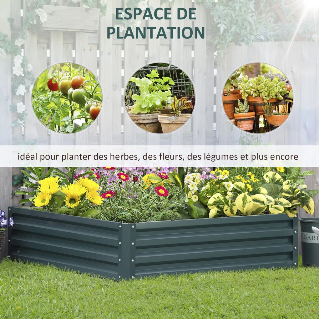 Floreira de horta quadrada em chapa de aço ondulada, 120 x 120 x 30 cm, verde escuro