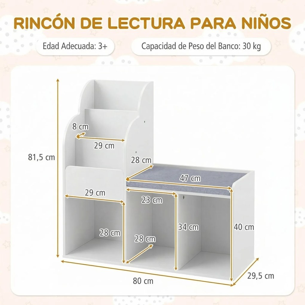 Estante infantil com banco de 3 níveis 80 x 29,5 x 81,5 cm, 3 compartimentos abertos e almofada de assento para quarto ou sala de jogos - Branco