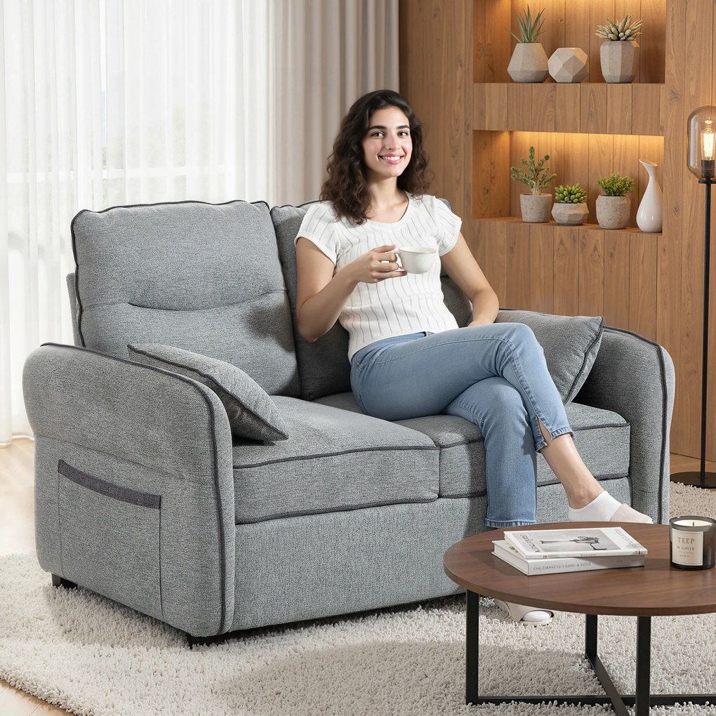 Sofá de 2 lugares, sofá de sala em veludo egípcio, 2 almofadas incluídas, bolso lateral, 136 x 81 x 90 cm, cinzento