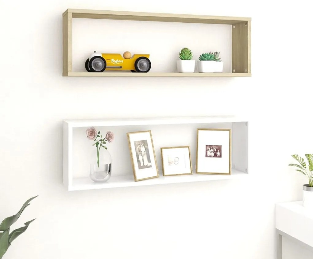 vidaXL Estantes parede cúbicas 2pcs contr. 80x15x26,5 cm branco/sonoma