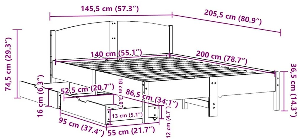 Cama sem colchão 140x200 cm madeira de pinho maciça