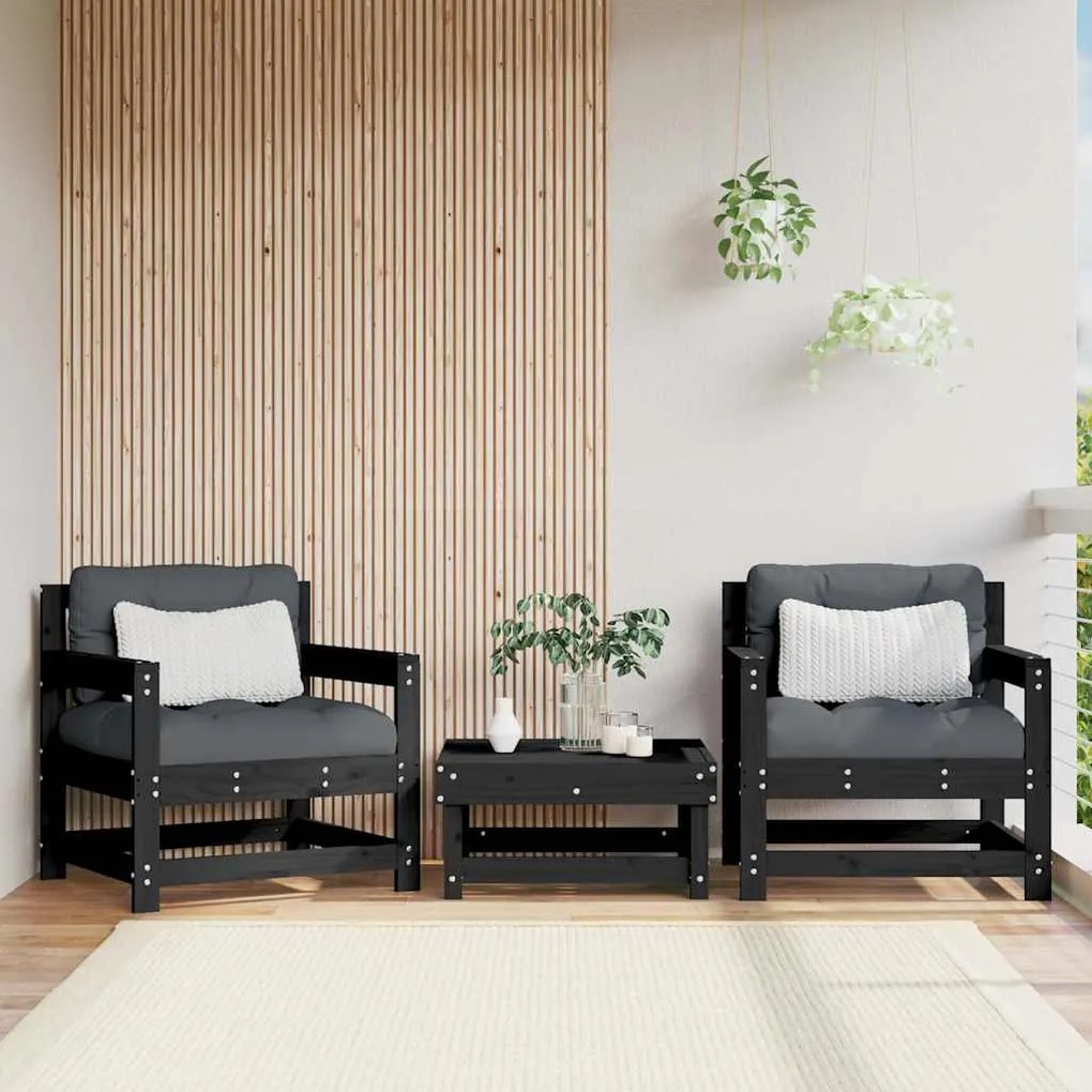vidaXL Cadeiras de jardim c/ almofadões 2 pcs pinho maciço preto