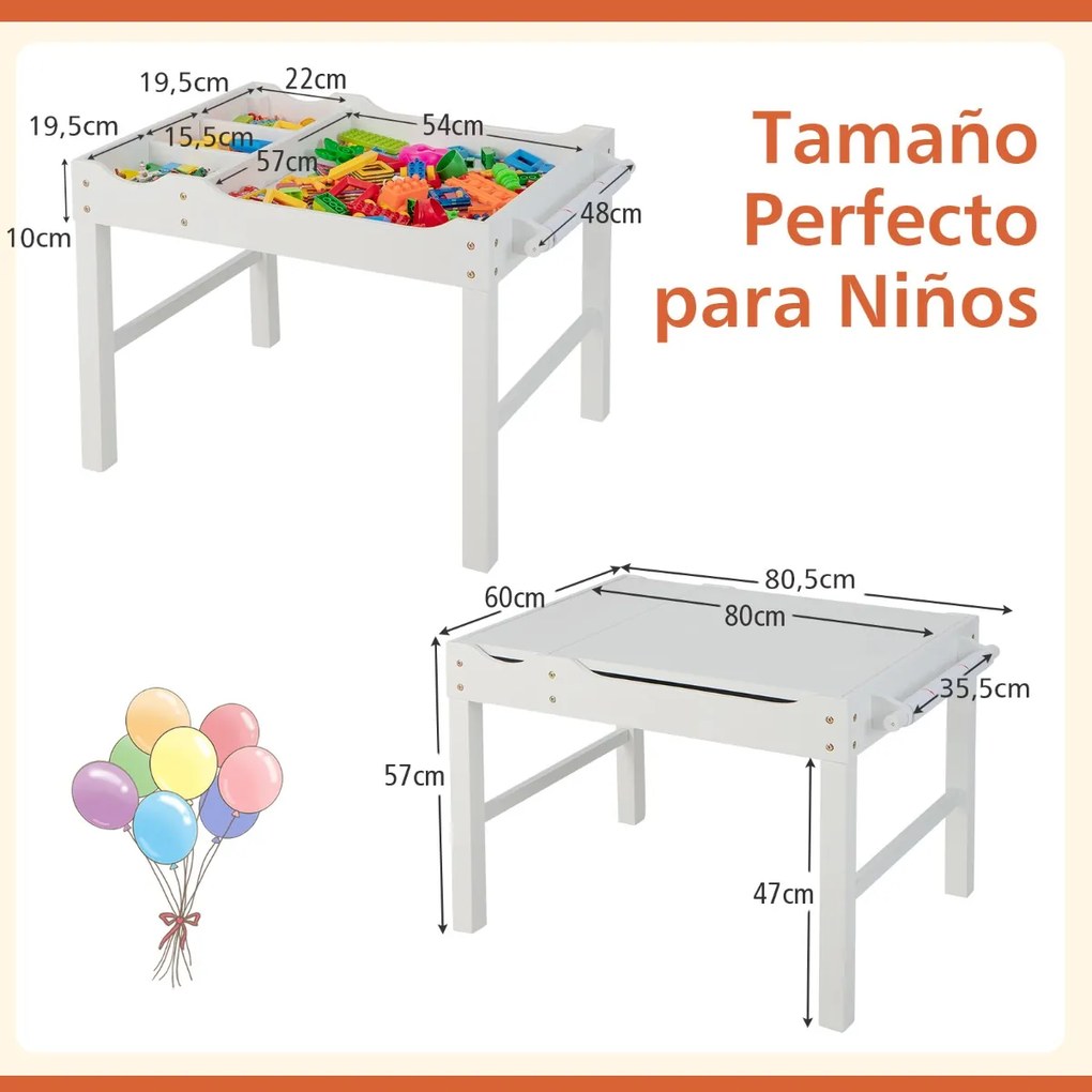 Mesa de atividades infantil em madeira com tabuleiro reversível, compartimentos e porta-rolo 86,5 x 60 x 57 cm Branco